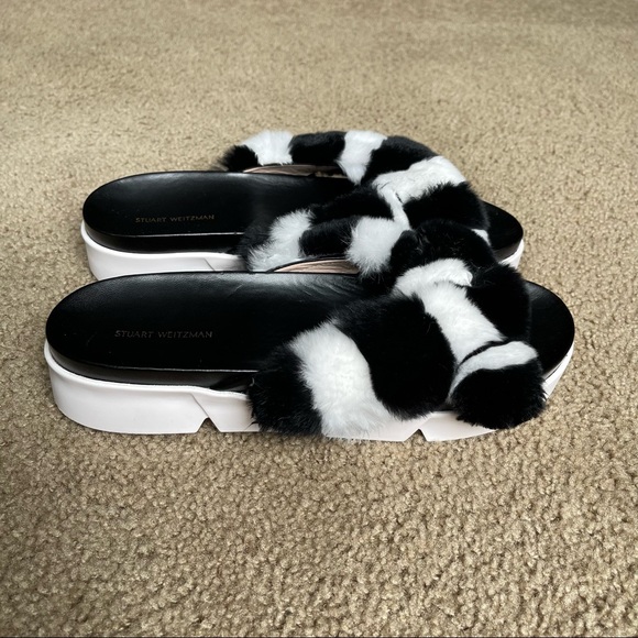 Stuart Weitzman Sublime Rex Rabbit Fur Slide Sandal Sz 41 In Black/White - Picture 5 of 12